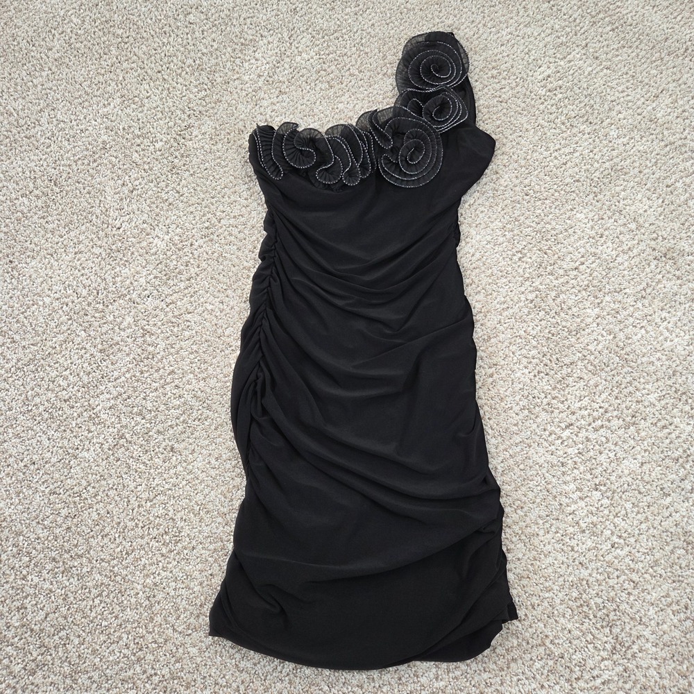 VTG Taboo Whimsigoth Gothic One Shoulder Ruched Ruffle Black Mesh Mini Dress M